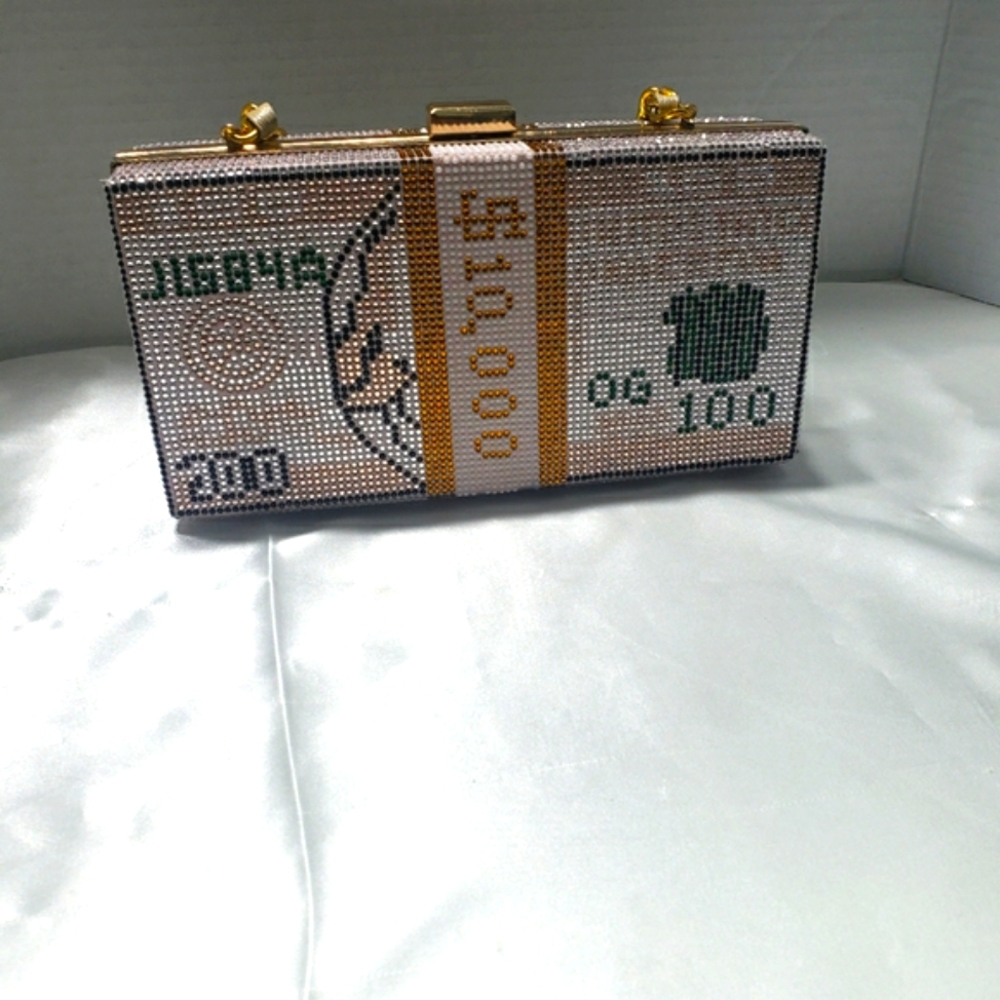 MONEY CLUTCH Pink n green gold chain with leather insert